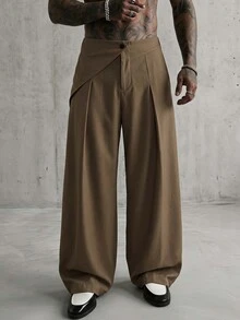 SIGLOCORE Men's Khaki Asymmetrical Waist Pleated Wide Leg Casual Trousers - Khaki - View 6