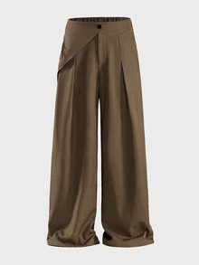 SIGLOCORE Men's Khaki Asymmetrical Waist Pleated Wide Leg Casual Trousers - Khaki - View 5