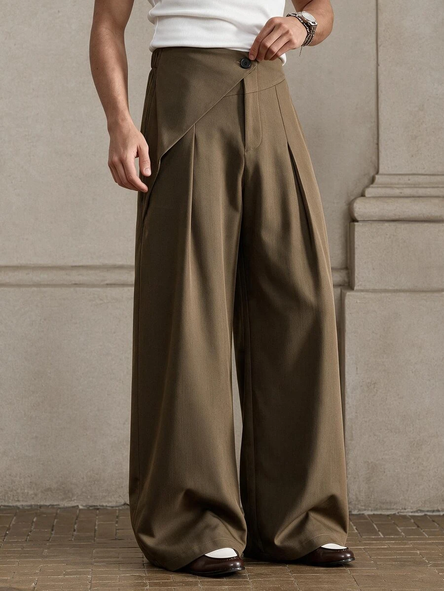 SIGLOCORE Men's Khaki Asymmetrical Waist Pleated Wide Leg Casual Trousers - Khaki - View 1
