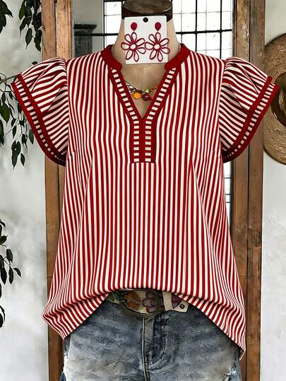 Breezaya Women's Casual Striped V-Neck Top, Brown And White Striped, Short Puff Sleeves With Contrast Trim, Loose Fit Everyday Top For Women, Women's Summer Top, Women's Office Top