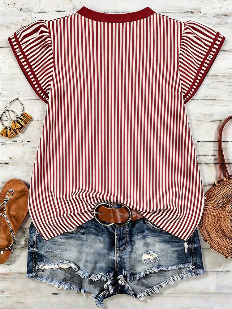 Yunfilé Women's Casual Striped V-Neck Top, Brown And White Striped, Short Puff Sleeves With Contrast Trim, Loose Fit Everyday Top For Women, Women's Summer Top, Women's Office Top - Multicolor - View 2