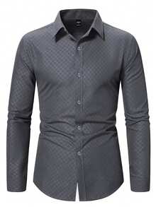 Manfinity Mode Men's Business Casual Classy Plaid Single-Breasted Long Sleeve Shirt For Office Business Formal And Commute Black Autumn, Old Money - Dark Grey - View 2