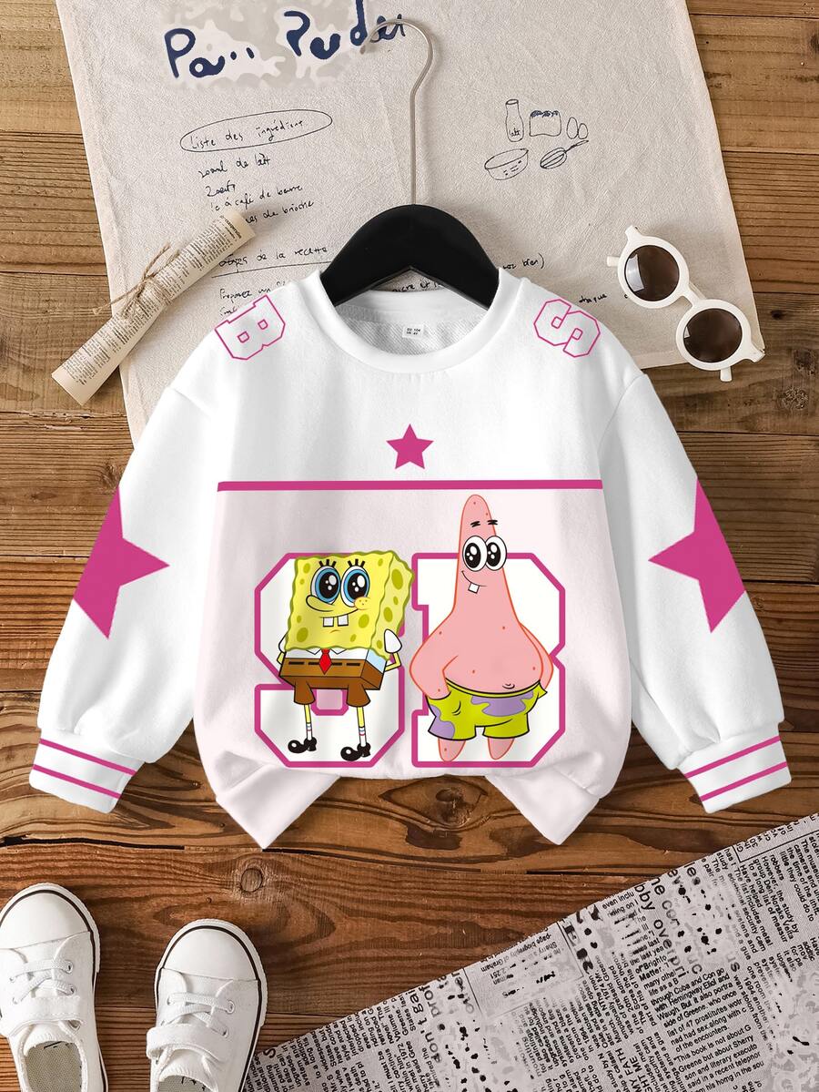 SpongeBob SquarePants | SHEIN 女童秋冬休閒卡通印花運動衫 - 白色 - 查看 1