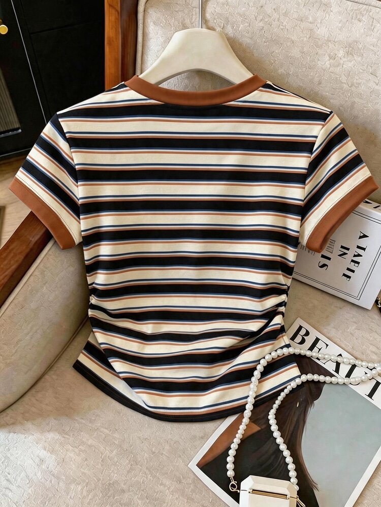 Rafferiza Women's Casual T-Shirt, Summer New Women's Top, Summer Outing Top, Brown Apricot Navy Blue Multi-Color Striped Print Pattern, Pattern Design, Slim Fit Waist, Daily Wear, Casual Slimming T-Shirt, Daily Wear - Multicolor - View 2