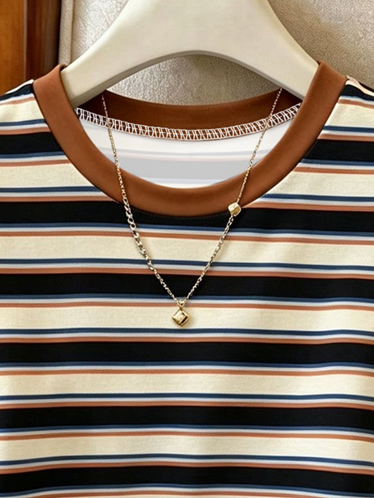 Rafferiza Women's Casual T-Shirt, Summer New Women's Top, Summer Outing Top, Brown Apricot Navy Blue Multi-Color Striped Print Pattern, Pattern Design, Slim Fit Waist, Daily Wear, Casual Slimming T-Shirt, Daily Wear - Multicolor - View 3