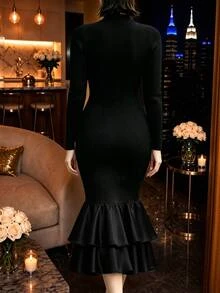 Allurite Autumn/Winter Elegant Party Evening Formal Wedding Guest Black Bodycon Mermaid Knit Double Layer Woven Fabric Patchwork Plus Size Dress - Black - View 2