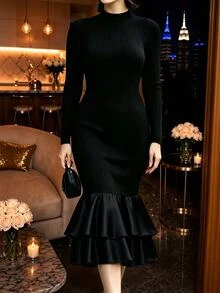 Allurite Autumn/Winter Elegant Party Evening Formal Wedding Guest Black Bodycon Mermaid Knit Double Layer Woven Fabric Patchwork Plus Size Dress - Black - View 1