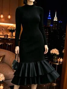 Allurite Autumn/Winter Elegant Party Evening Formal Wedding Guest Black Bodycon Mermaid Knit Double Layer Woven Fabric Patchwork Plus Size Dress - Black - View 4