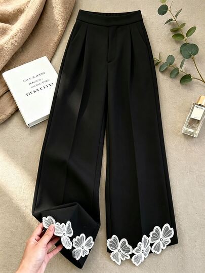 GlowEve CURVE Plus Size Women's Minimalist Elegant Floral Decor Solid Color Long Pants, Suitable For Casual Wear, Daily Shopping, Daily Commute
