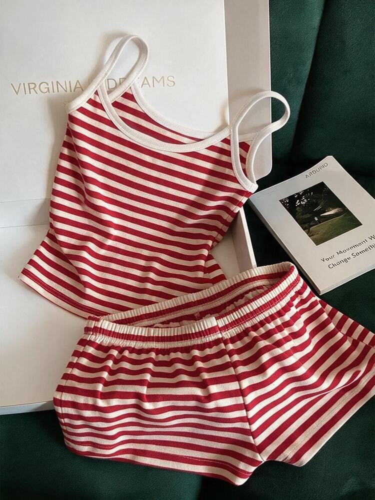 Franclia Women's Casual Vacation Striped Camisole And Shorts 2 Pieces Set - Burgundy and Apricot - View 4