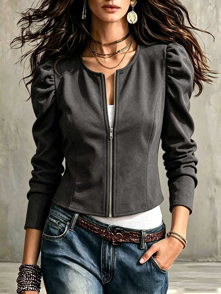 SHEIN Holidaya 女款純色拉鍊休閒百搭日常旅行長袖夾克 - 深灰色 - 查看 1
