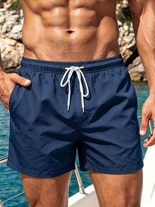 Manfinity Swimmode Summer Men's Shell Print Drawstring Waist Double-Layer Beach Shorts Holiday / Vacation / Beach / Hawaii / Tropical / Swim /  Bathing - Navy Blue - View 4