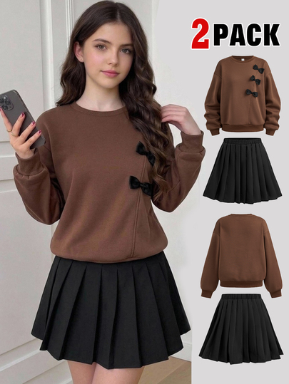 SHEIN Girlism Teen Girls Hoodie Sweatshirt Co-Ords, Autumn/Winter Round Neck Y2K Streetwear Pleated Mini Skirt Pants 2pic Set, Daily Wear, Autumn/Winter Clothing