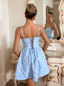 Glamine Charm Sexy Casual Light Blue Floral Elegant Glamorous Romantic Floral Print Fishbone Strap Women's Mini Dress Wedding Date Holiday Summer - Blue - View 4