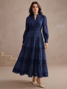 Anewsta 女款復古V領蕾絲拼接收腰長袖喇叭裙，修身顯瘦，優雅高端 - 藏蓝色 - 查看 4
