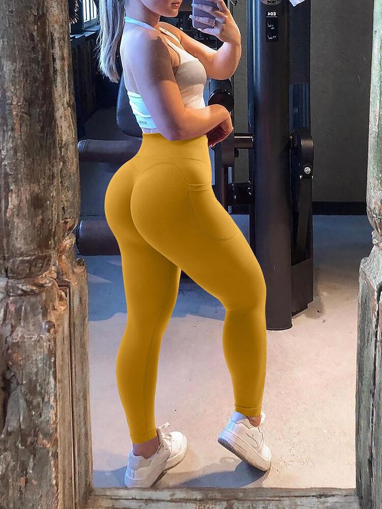 Slayform Slayform Women High Waist Seamless Elastic Workout Leggings With Pockets, For Running & Fitness Yoga Pants - Yellow - View 5