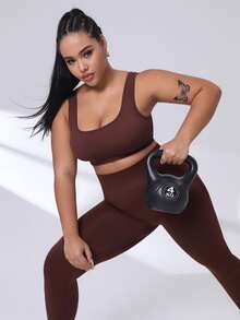 SHEIN Sports 加大码长款针织紧身打底裤，采用快干面料，适合活跃的生活方式，棕色压缩打底裤，无缝压缩打底裤，瑜伽裤，女式裤子 - 咖啡棕 - 查看 5