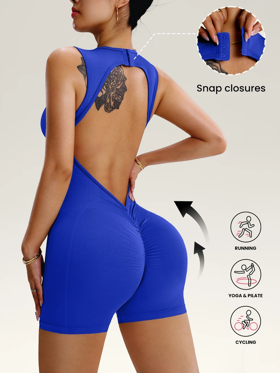 Slayform Slayform Women's Solid Color Backless Sleeveless Seamless Athletic Romper Shorts - Royal Blue - View 1