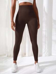 Slayform Slayform Yoga Tights Seamless Rib-Knit Tummy Control Sports Leggings With Wide Waistband Workout Leggings Spandex - Chocolate Brown - View 4