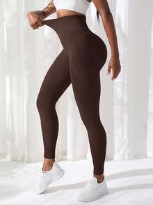 Slayform Slayform Yoga Tights Seamless Rib-Knit Tummy Control Sports Leggings With Wide Waistband Workout Leggings Spandex - Chocolate Brown - View 3