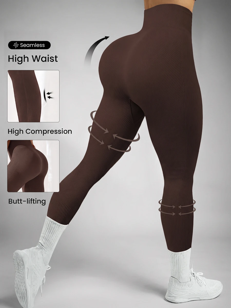 Slayform Slayform Yoga Tights Seamless Rib-Knit Tummy Control Sports Leggings With Wide Waistband Workout Leggings Spandex