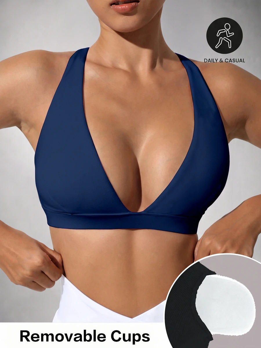 Slayform Slayform Solid Color V-Neck Minimalist Design Casual Sports Bra