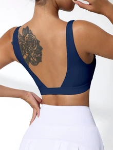 Slayform Slayform Solid Color V-Neck Minimalist Design Casual Sports Bra - Navy Blue - View 3