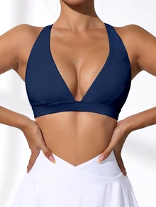 Slayform Slayform Solid Color V-Neck Minimalist Design Casual Sports Bra - Navy Blue - View 5