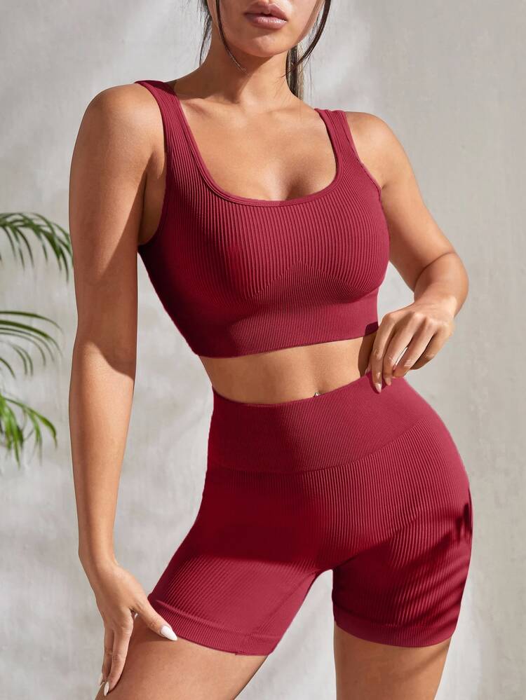 Slayform Slayform Ribbed Knit Wide Waistband Sports Set For Chinese New Year Workout Women Set Gym Women Outfit - Redwood - View 4