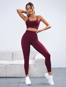 Slayform Slayform Conjunto de Top e Legging Esportivos Femininos de Costas Cruzadas, Elástico e Sem Emendas, Conjunto de Roupas Femininas para Academia - Fúcsia - Visão 2