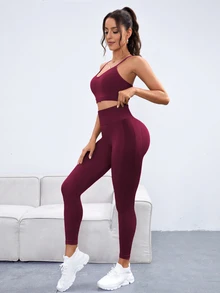 Slayform Slayform Conjunto de Top e Legging Esportivos Femininos de Costas Cruzadas, Elástico e Sem Emendas, Conjunto de Roupas Femininas para Academia - Fúcsia - Visão 5