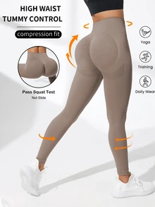 Slayform Slayform 女士无缝高弹力运动紧身裤瑜伽裤 - 卡其色 - 查看 3