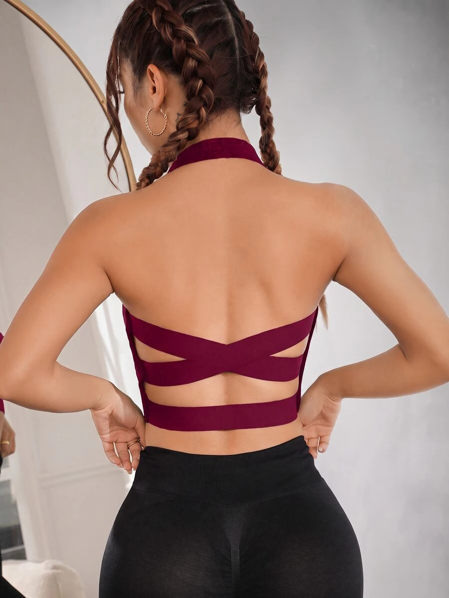 Slayform Slayform Crisscross Backless Crop Halter Neck Backless Sports Bra