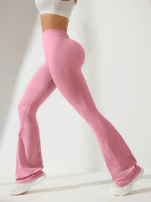 Slayform Slayform Solid Color Pleated Bell Bottom Leggings, Suitable For Yoga - Pink - View 6