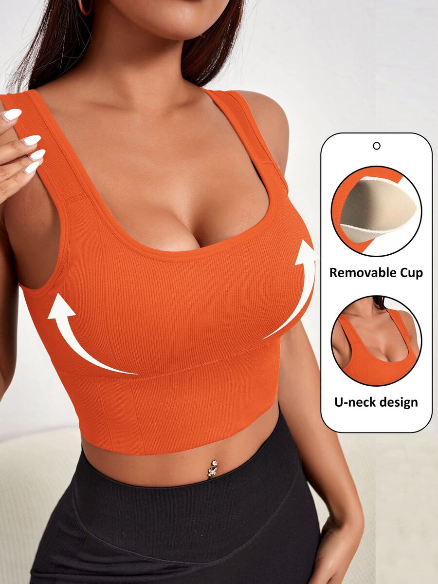Slayform Slayform Women Solid Color Ribbed Seamless Cropped Sports Bra For Daily Workout - Orange - View 1