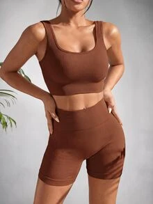 Slayform Slayform 2pcs Seamless Yoga Set Sports Suit Ribbed Knit Tank Wide Waistband Tummy Control Shorts Workout Women Set - Coffee Brown - View 2