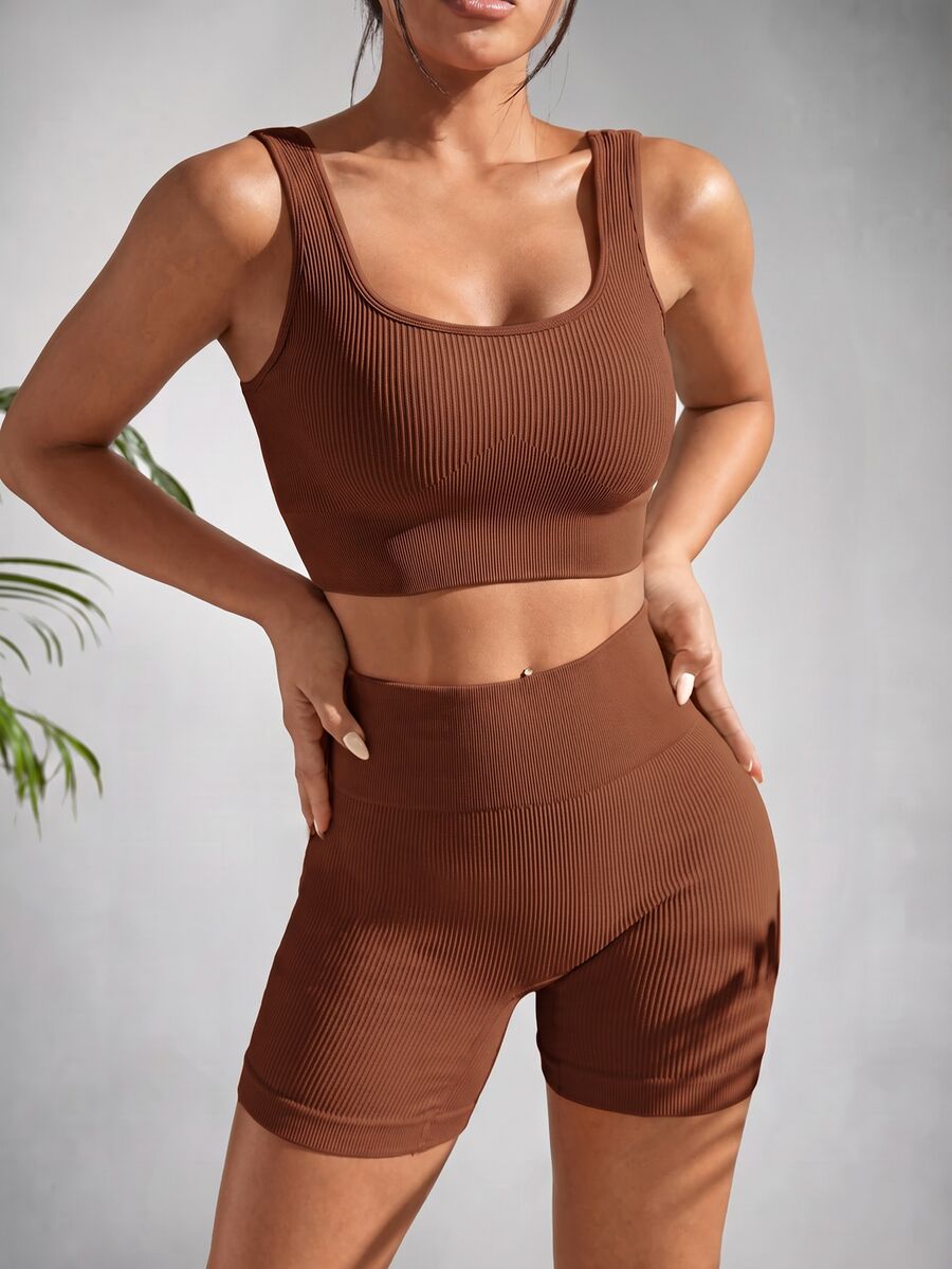 Slayform Slayform 2pcs Seamless Yoga Set Sports Suit Ribbed Knit Tank Wide Waistband Tummy Control Shorts Workout Women Set