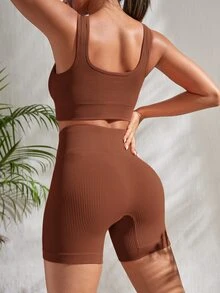 Slayform Slayform 2pcs Seamless Yoga Set Sports Suit Ribbed Knit Tank Wide Waistband Tummy Control Shorts Workout Women Set - Coffee Brown - View 3