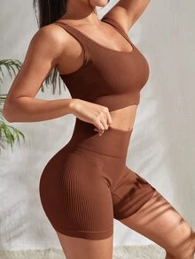 Slayform Slayform 2pcs Seamless Yoga Set Sports Suit Ribbed Knit Tank Wide Waistband Tummy Control Shorts Workout Women Set - Coffee Brown - View 6
