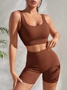 Slayform Slayform 2pcs Seamless Yoga Set Sports Suit Ribbed Knit Tank Wide Waistband Tummy Control Shorts Workout Women Set - Coffee Brown - View 4
