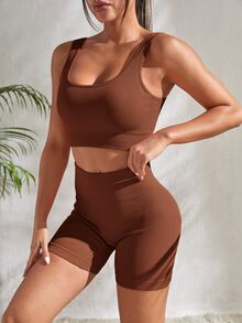 Slayform Slayform 2pcs Seamless Yoga Set Sports Suit Ribbed Knit Tank Wide Waistband Tummy Control Shorts Workout Women Set - Coffee Brown - View 5