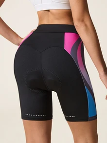 SHEIN Sports Casual Versatile Skinny Cycling Shorts With Padded Seat, Contrast Side Color, Reflective Ombre Print Sports Gradient Women's Cycling Shorts - Multicolor - View 3