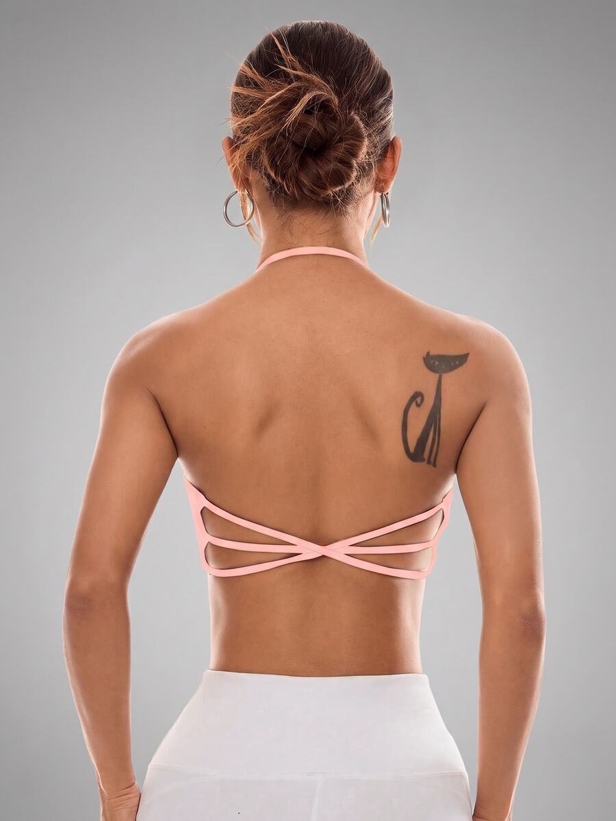 Slayform Slayform Women's Blush Pink Halter Sports Bra,Summer Sexy Open Back Gym Top,Stylish Criss Cross Backless Workout Crop Tops For Gym