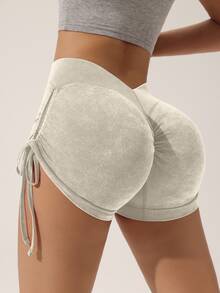 Slayform Slayform Women's Seamless High Elasticity Butt Lifting Brushed Sports Shorts With Side Drawstring - Khaki - View 6