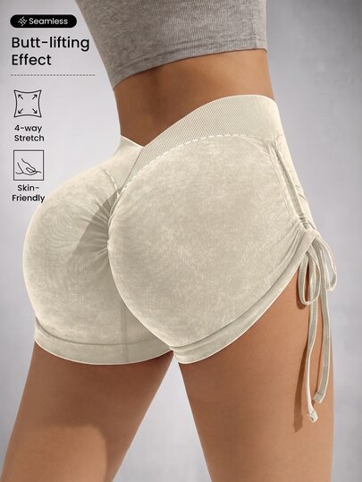 Slayform Slayform Women's Seamless High Elasticity Butt Lifting Brushed Sports Shorts With Side Drawstring