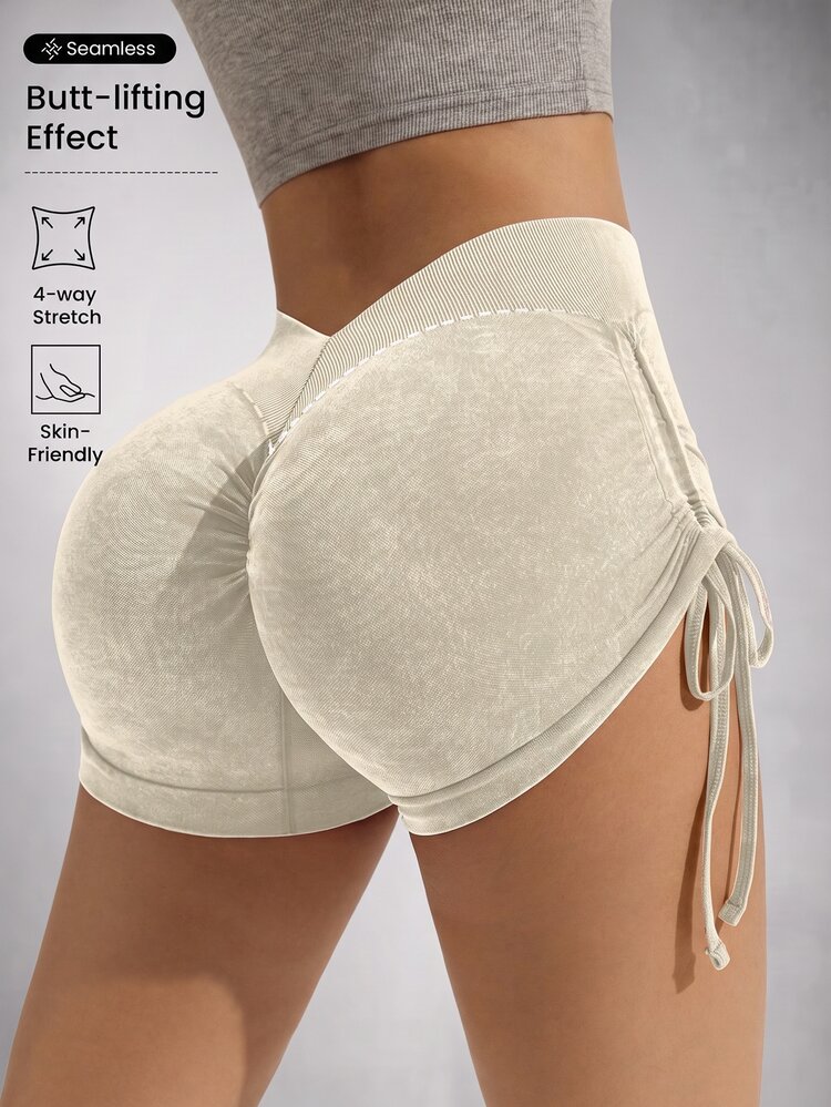 Slayform Slayform Women's Seamless High Elasticity Butt Lifting Brushed Sports Shorts With Side Drawstring - Khaki - View 1