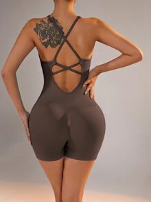 Slayform Slayform Women's Solid Color Backless Yoga Jumpsuit - Brown - View 2