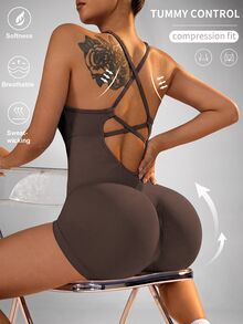 Slayform Slayform Women's Solid Color Backless Yoga Jumpsuit - Brown - View 1