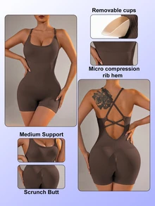 Slayform Slayform Women's Solid Color Backless Yoga Jumpsuit - Brown - View 3