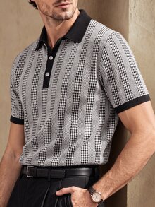 Core Aspect 2026 Spring Summer Houndstooth Vertical Stripe Knit Polo Shirt | Black White Contrast Collar Smart C - Black - View 3